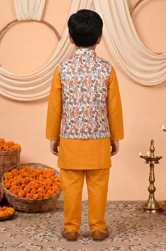Boys mustard cotton blend kurta pyjama set with floral vine printed waistcoat