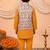 Boys mustard cotton blend kurta pyjama set with floral vine printed waistcoat