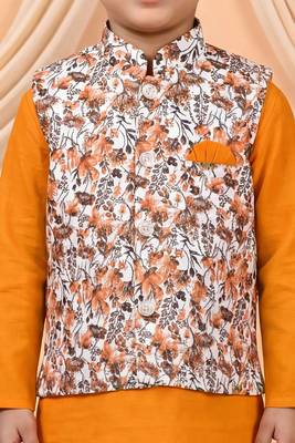 Boys mustard cotton blend kurta pyjama set with floral vine printed waistcoat 3