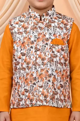 Boys mustard cotton blend kurta pyjama set with floral vine printed waistcoat