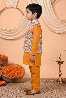 Boys mustard cotton blend kurta pyjama set with floral vine printed waistcoat 4