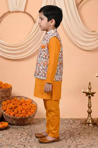 Boys mustard cotton blend kurta pyjama set with floral vine printed waistcoat