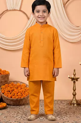 Boys mustard cotton blend kurta pyjama set with floral vine printed waistcoat