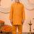 Boys mustard cotton blend kurta pyjama set with floral vine printed waistcoat