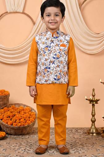 Boys mustard cotton blend kurta pyjama set with floral botanical printed waistcoat