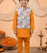 Boys mustard cotton blend kurta pyjama set with floral botanical printed waistcoat