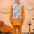 Boys mustard cotton blend kurta pyjama set with floral botanical printed waistcoat