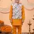 Boys mustard cotton blend kurta pyjama set with floral botanical printed waistcoat