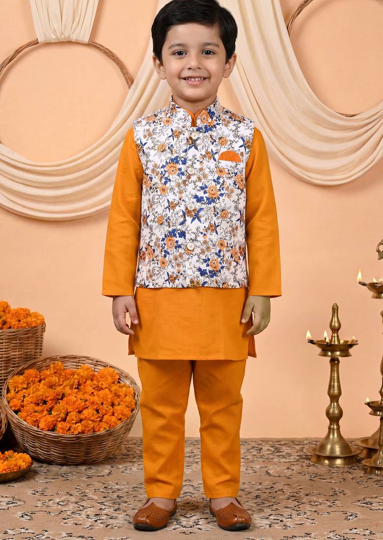 Boys mustard cotton blend kurta pyjama set with floral botanical printed waistcoat
