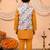 Boys mustard cotton blend kurta pyjama set with floral botanical printed waistcoat