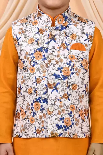 Boys mustard cotton blend kurta pyjama set with floral botanical printed waistcoat