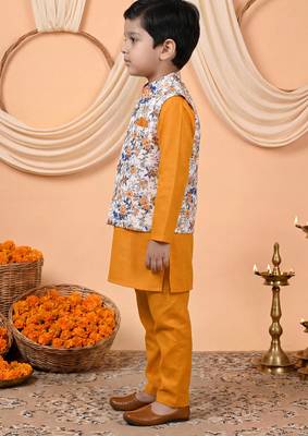 Boys mustard cotton blend kurta pyjama set with floral botanical printed waistcoat 4