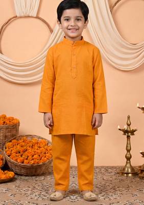 Boys mustard cotton blend kurta pyjama set with floral botanical printed waistcoat 5