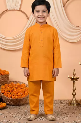 Boys mustard cotton blend kurta pyjama set with floral botanical printed waistcoat