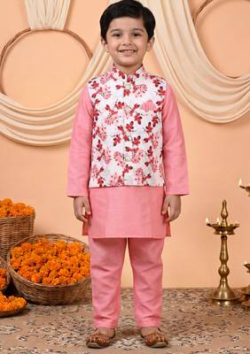 Boys pink cotton blend kurta pyjama set with floral printed waistcoat 1