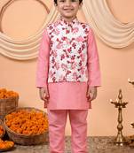 Boys pink cotton blend kurta pyjama set with floral printed waistcoat