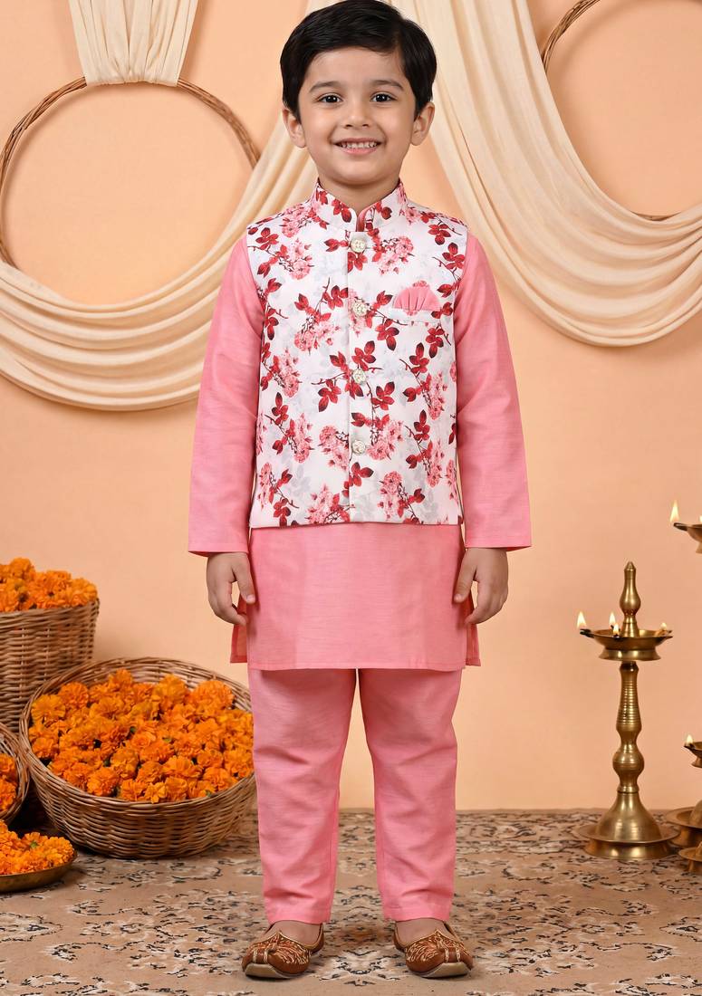 Boys pink cotton blend kurta pyjama set with floral printed waistcoat