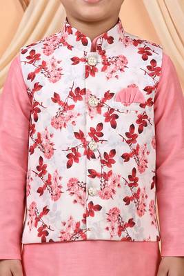 Boys pink cotton blend kurta pyjama set with floral printed waistcoat 3