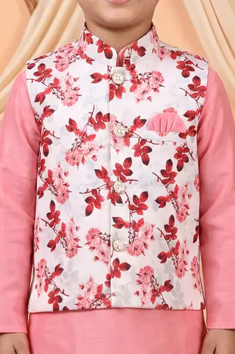 Boys pink cotton blend kurta pyjama set with floral printed waistcoat
