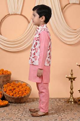 Boys pink cotton blend kurta pyjama set with floral printed waistcoat 4