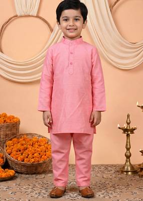 Boys pink cotton blend kurta pyjama set with floral printed waistcoat 5