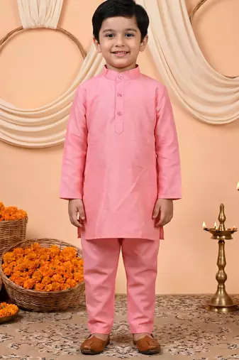 Boys pink cotton blend kurta pyjama set with floral printed waistcoat