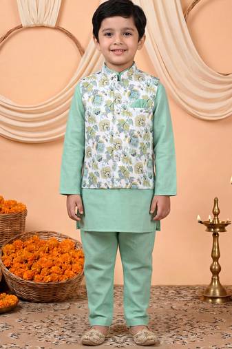 Boys mint green cotton blend kurta pyjama set with floral botanical printed waistcoat