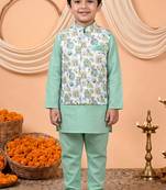 Boys mint green cotton blend kurta pyjama set with floral botanical printed waistcoat