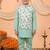 Boys mint green cotton blend kurta pyjama set with floral botanical printed waistcoat