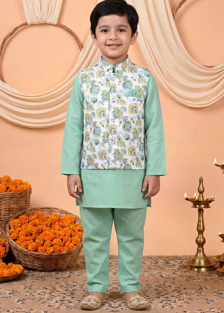 Boys mint green cotton blend kurta pyjama set with floral botanical printed waistcoat