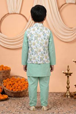 Boys mint green cotton blend kurta pyjama set with floral botanical printed waistcoat 2