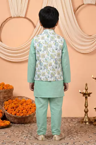 Boys mint green cotton blend kurta pyjama set with floral botanical printed waistcoat