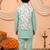 Boys mint green cotton blend kurta pyjama set with floral botanical printed waistcoat