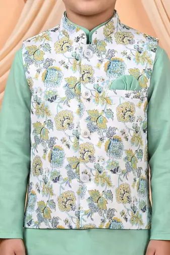 Boys mint green cotton blend kurta pyjama set with floral botanical printed waistcoat