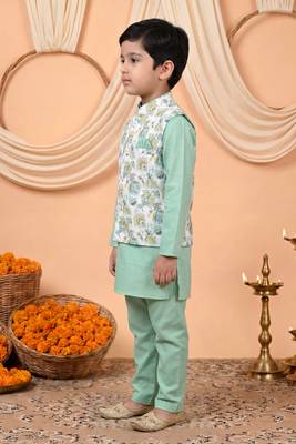 Boys mint green cotton blend kurta pyjama set with floral botanical printed waistcoat 4