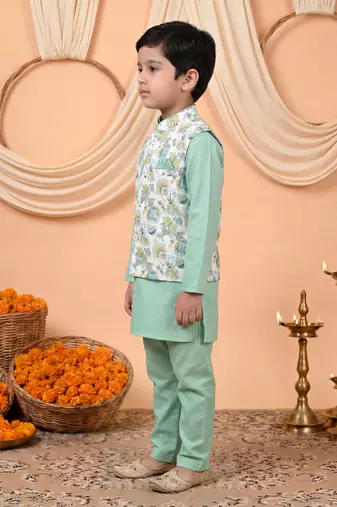 Boys mint green cotton blend kurta pyjama set with floral botanical printed waistcoat