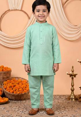 Boys mint green cotton blend kurta pyjama set with floral botanical printed waistcoat 5