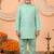 Boys mint green cotton blend kurta pyjama set with floral botanical printed waistcoat