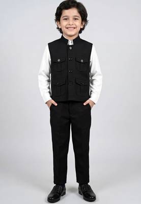 Boys black lycra solid 3 piece waistcoat set with classic flap pockets 1