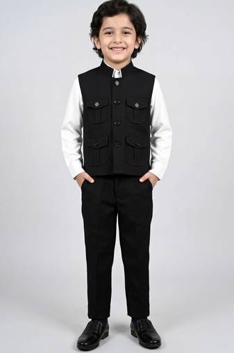 Boys black lycra solid 3 piece waistcoat set with classic flap pockets