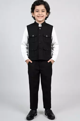 Boys black lycra solid 3 piece waistcoat set with classic flap pockets