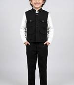 Boys black lycra solid 3 piece waistcoat set with classic flap pockets