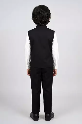 Boys black lycra solid 3 piece waistcoat set with classic flap pockets