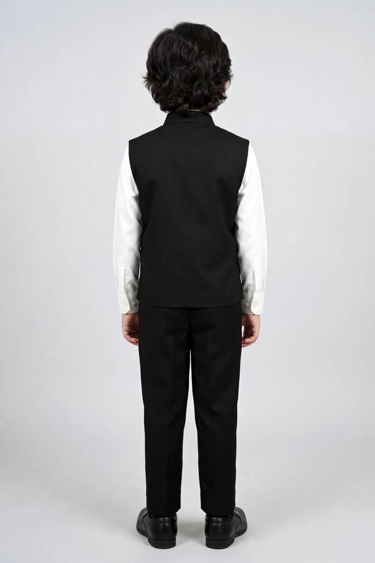 Boys black lycra solid 3 piece waistcoat set with classic flap pockets