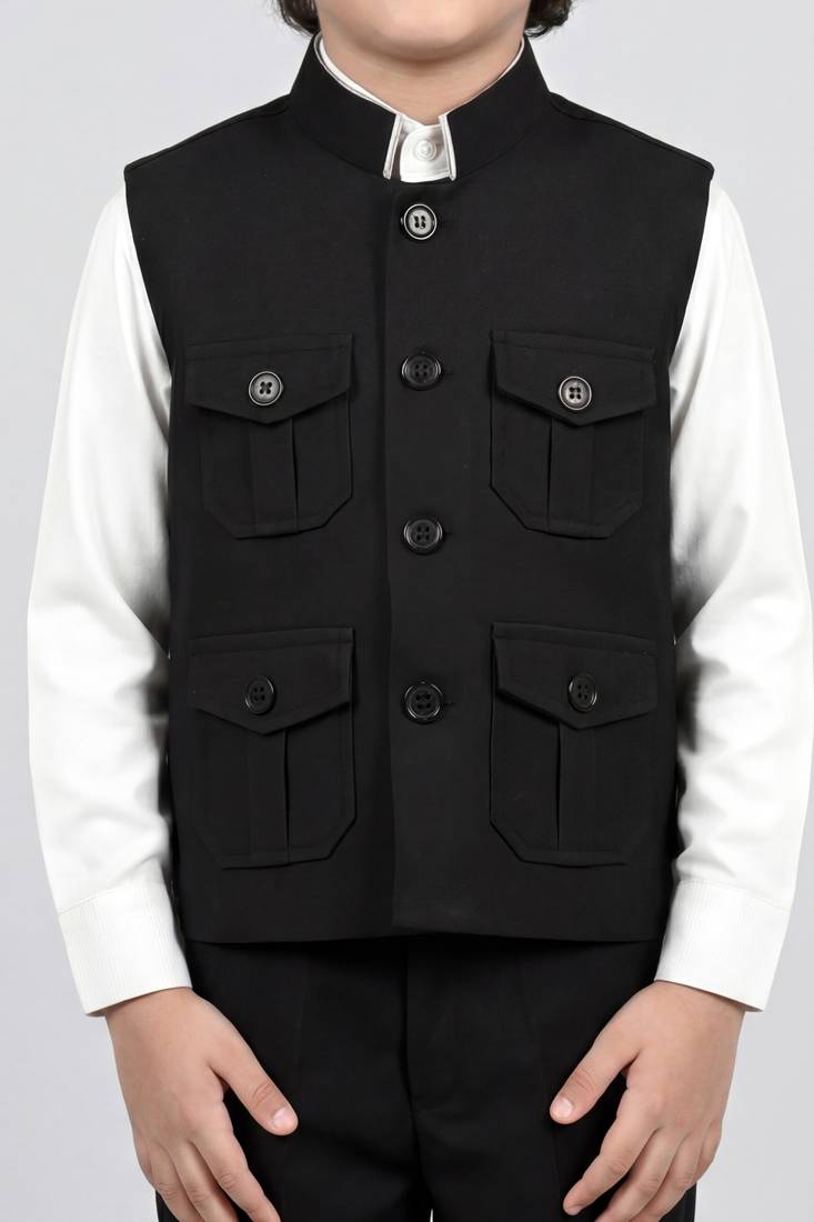Boys black lycra solid 3 piece waistcoat set with classic flap pockets