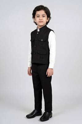 Boys black lycra solid 3 piece waistcoat set with classic flap pockets 4