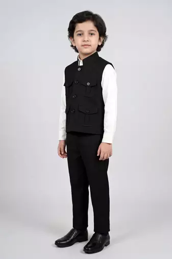 Boys black lycra solid 3 piece waistcoat set with classic flap pockets