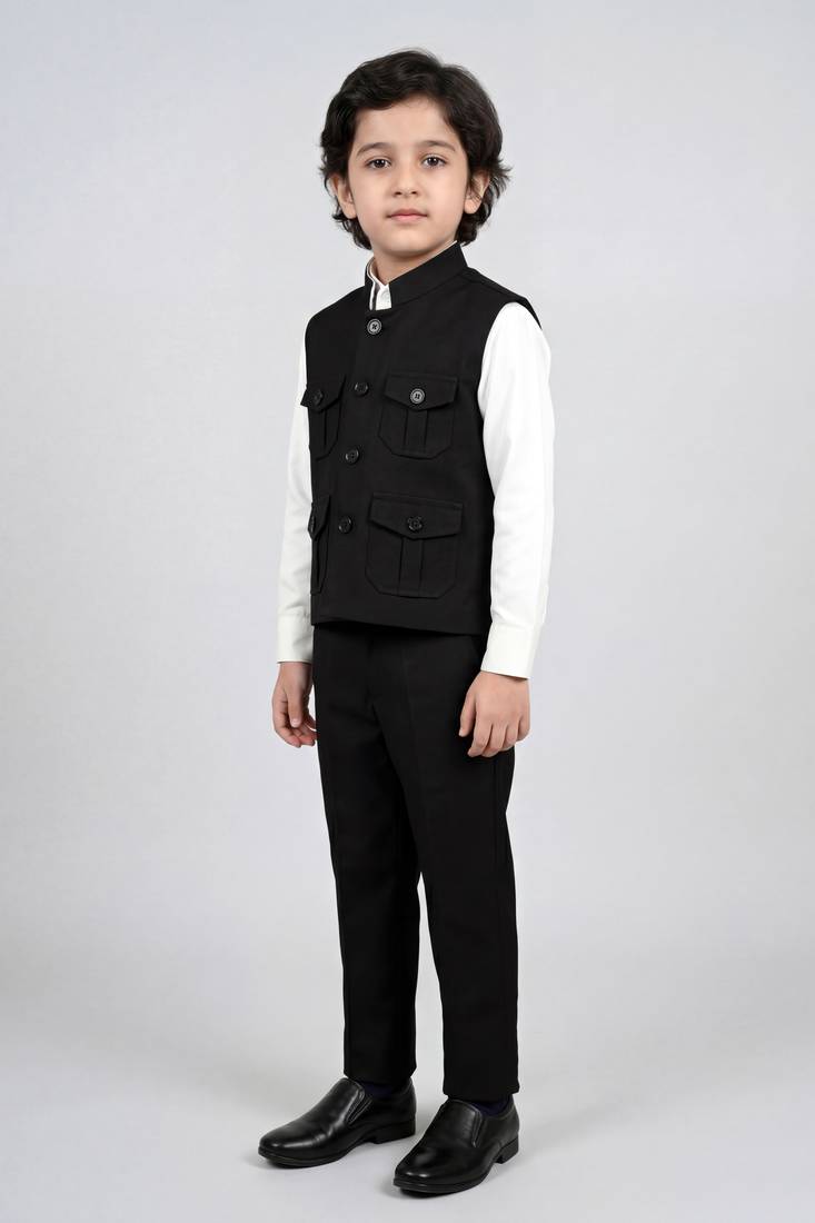 Boys black lycra solid 3 piece waistcoat set with classic flap pockets