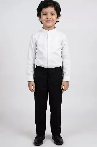 Boys black lycra solid 3 piece waistcoat set with classic flap pockets
