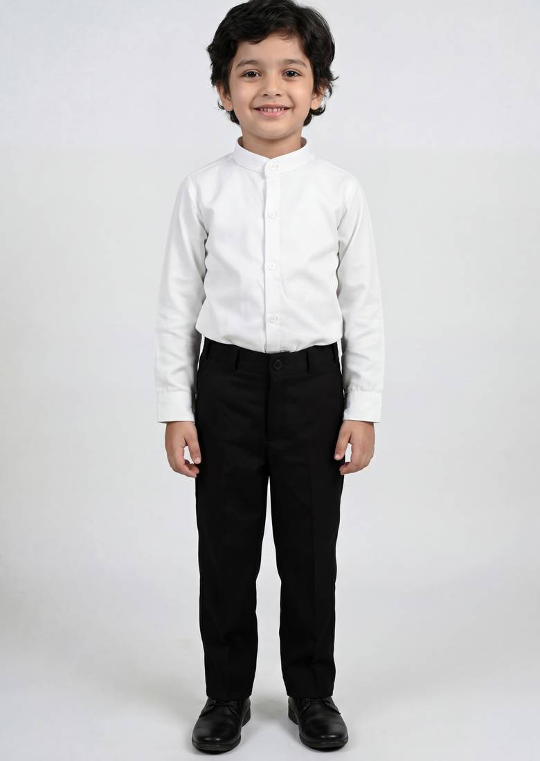 Boys black lycra solid 3 piece waistcoat set with classic flap pockets